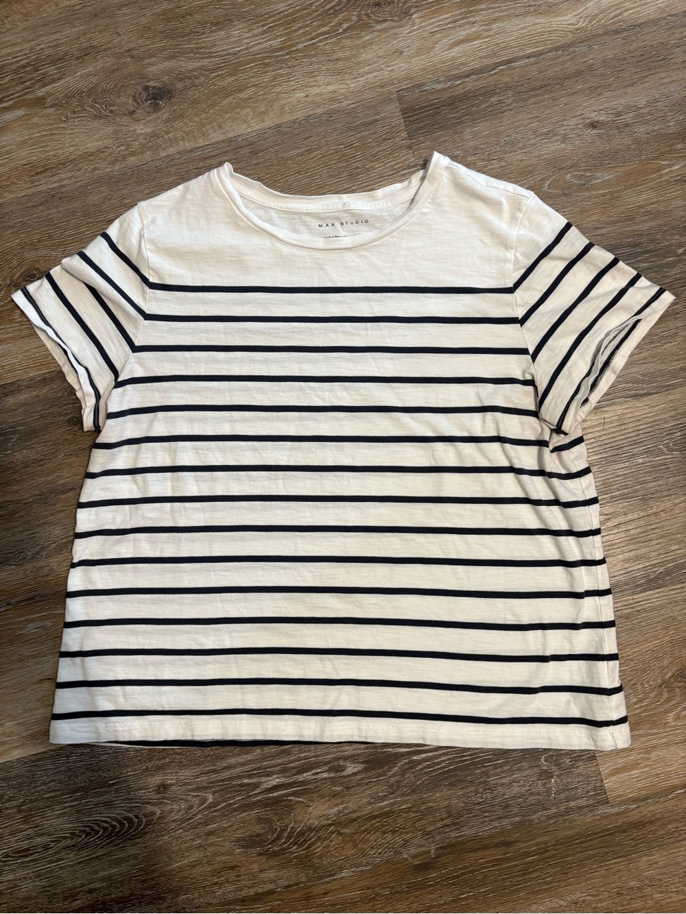 Max Studio White Tee with Navy Stripes